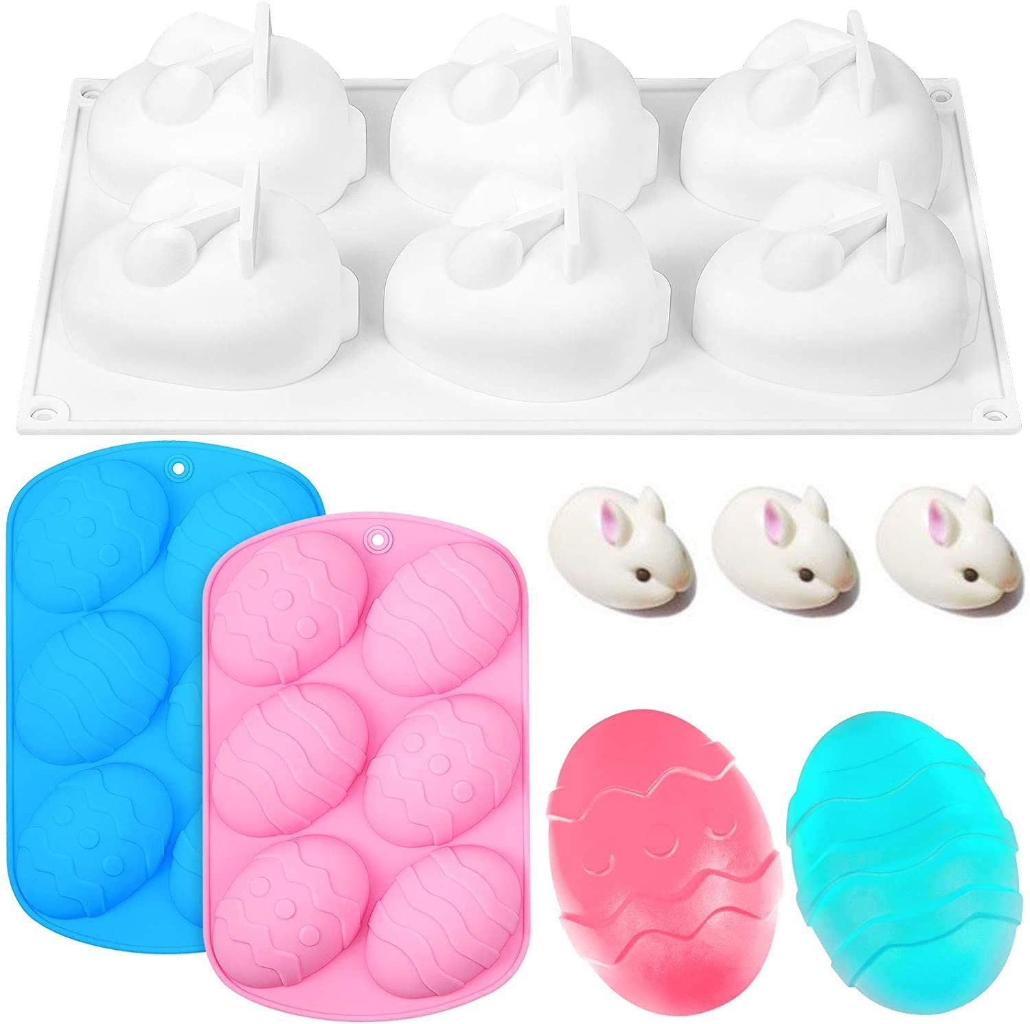 Photo 1 of 3 PC Easter Egg Shape and Rabbit Mold Large Bunny Cake Baking Mold DIY Chocolate Mold for Cocoa Bombs  Breakable Egg Chocolate Shells Candy Marshmallows  Cake Dessert Decoration Blue Pink White