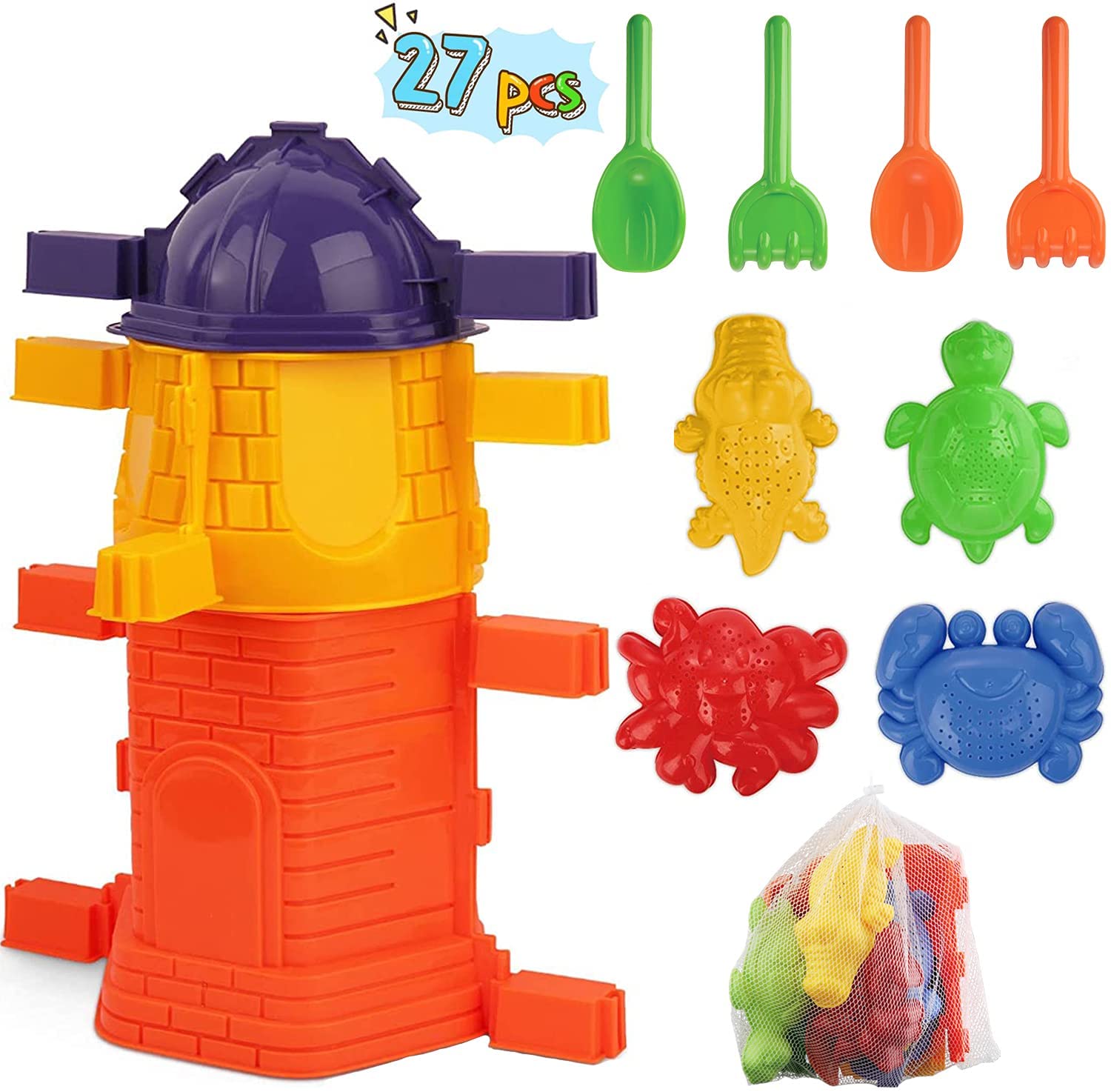 Photo 1 of 27 Piece Kids Beach Sand Toy Set Sand Castle Mold Kit with Mesh Bag Animal Molds with Sieve Shovel Rake Outdoor Beach Sand Castle Toddler Sand Toys