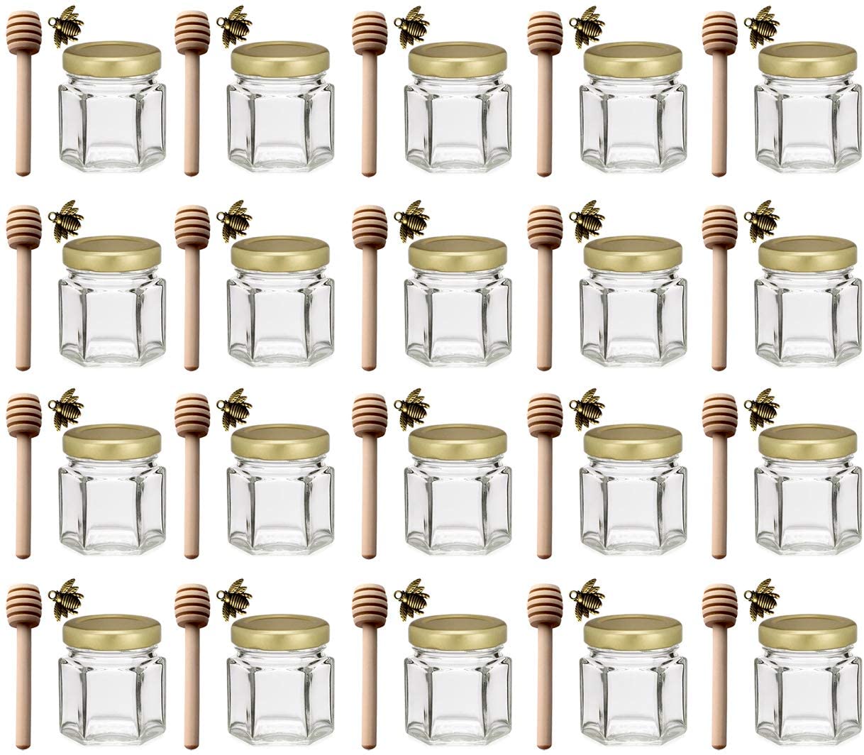 Photo 1 of Adabocute 15 oz 20 pack Hexagon Mini Glass Honey Jars with Wood Dipper Gold Lid Bee Pendants  Perfect for Baby Shower Wedding Favors Party Favors