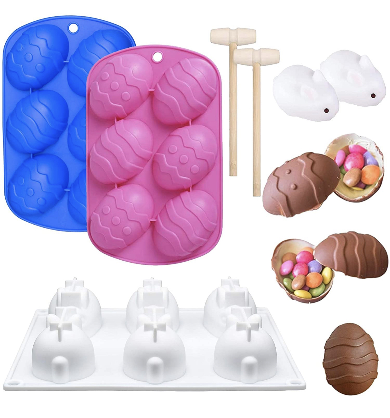 Photo 1 of 3 Pieces Easter Silicone Molds Egg Shaped and Bunny Cake Baking Mold with 2 Pieces Wooden Hammer for Easter Cake Decoration Candy Chocolate Home Kitchen DIY Baking