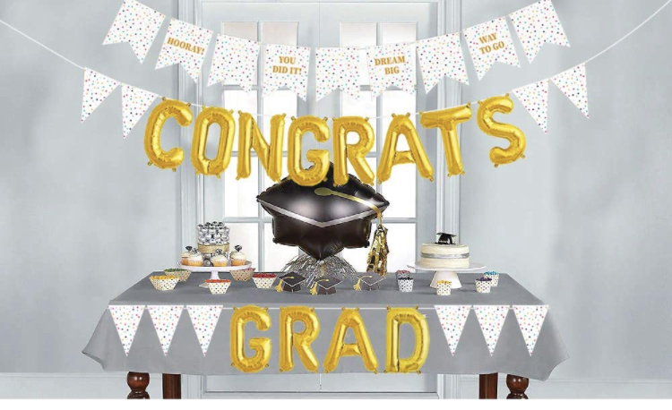 Photo 1 of 2021 Graduation Decorations White and Gold Includes 2 Graduation Pennant Banners  Congrats Grad Balloons Graduation Party Supplies 2021 for Any Schools or Grades 2 packs