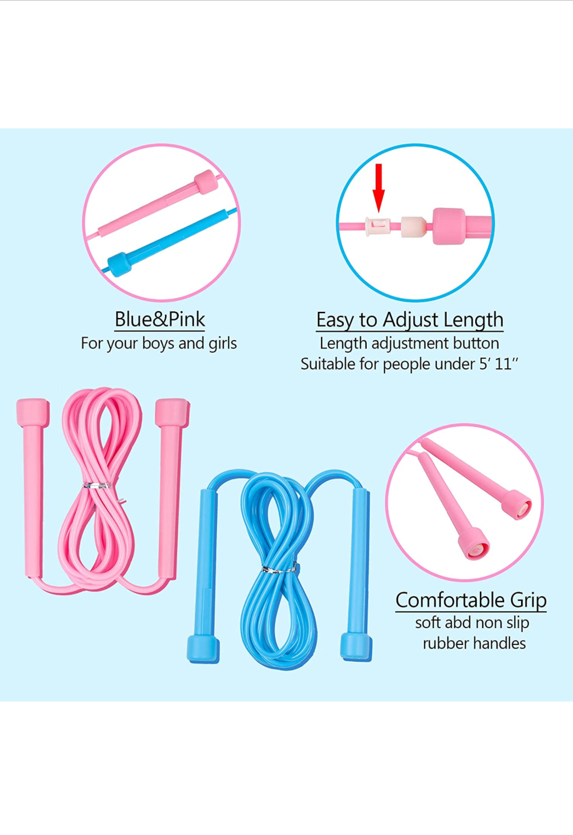 Photo 1 of 2PCS Kids Jump Ropes Adjustable  Lightweight Skipping Rope for Boys Girls Preschooler SchoolAged Child Pink and Blue Jumping Rope with Gift Box