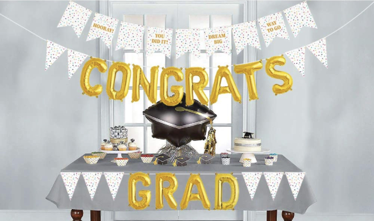 Photo 1 of 2021 Graduation Decorations White and Gold Includes 2 Graduation Pennant Banners  Congrats Grad Balloons Graduation Party Supplies 2021 for Any Schools or Grades 2 sets