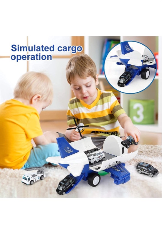 Photo 5 of Airplane Toy Large Transport Cargo Airplane Toy with Learning Play Mat 8 Sets Die cast Police Mini Cars Helicopter for Kids Toddlers for Above 3 Years Old Child