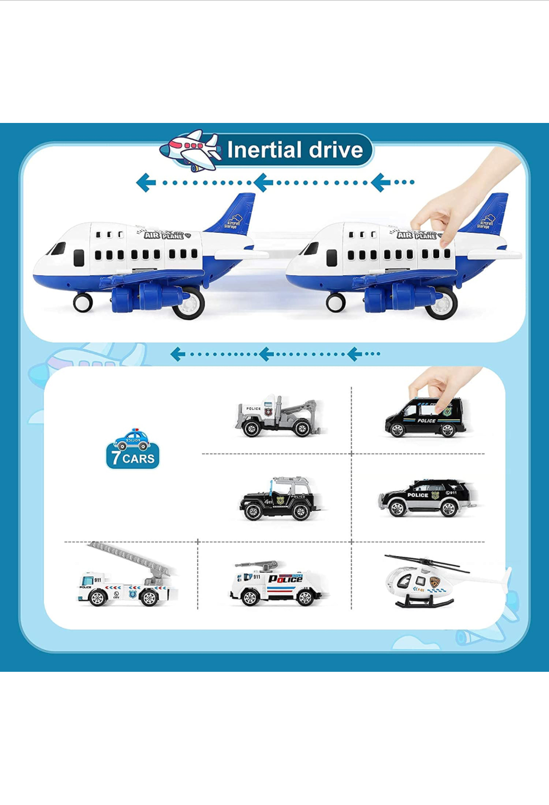 Photo 2 of Airplane Toy Large Transport Cargo Airplane Toy with Learning Play Mat 8 Sets Die cast Police Mini Cars Helicopter for Kids Toddlers for Above 3 Years Old Child