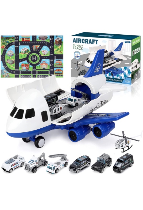 Photo 1 of Airplane Toy Large Transport Cargo Airplane Toy with Learning Play Mat 8 Sets Die cast Police Mini Cars Helicopter for Kids Toddlers for Above 3 Years Old Child