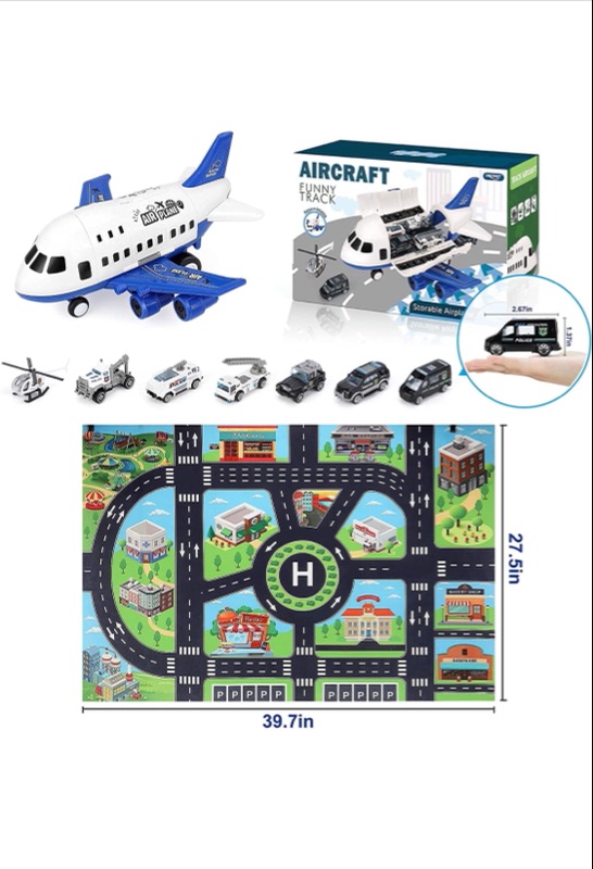 Photo 1 of Airplane Toy Large Transport Cargo Airplane Toy with Learning Play Mat 8 Sets Die cast Police Mini Cars Helicopter for Kids Toddlers for Above 3 Years Old Child