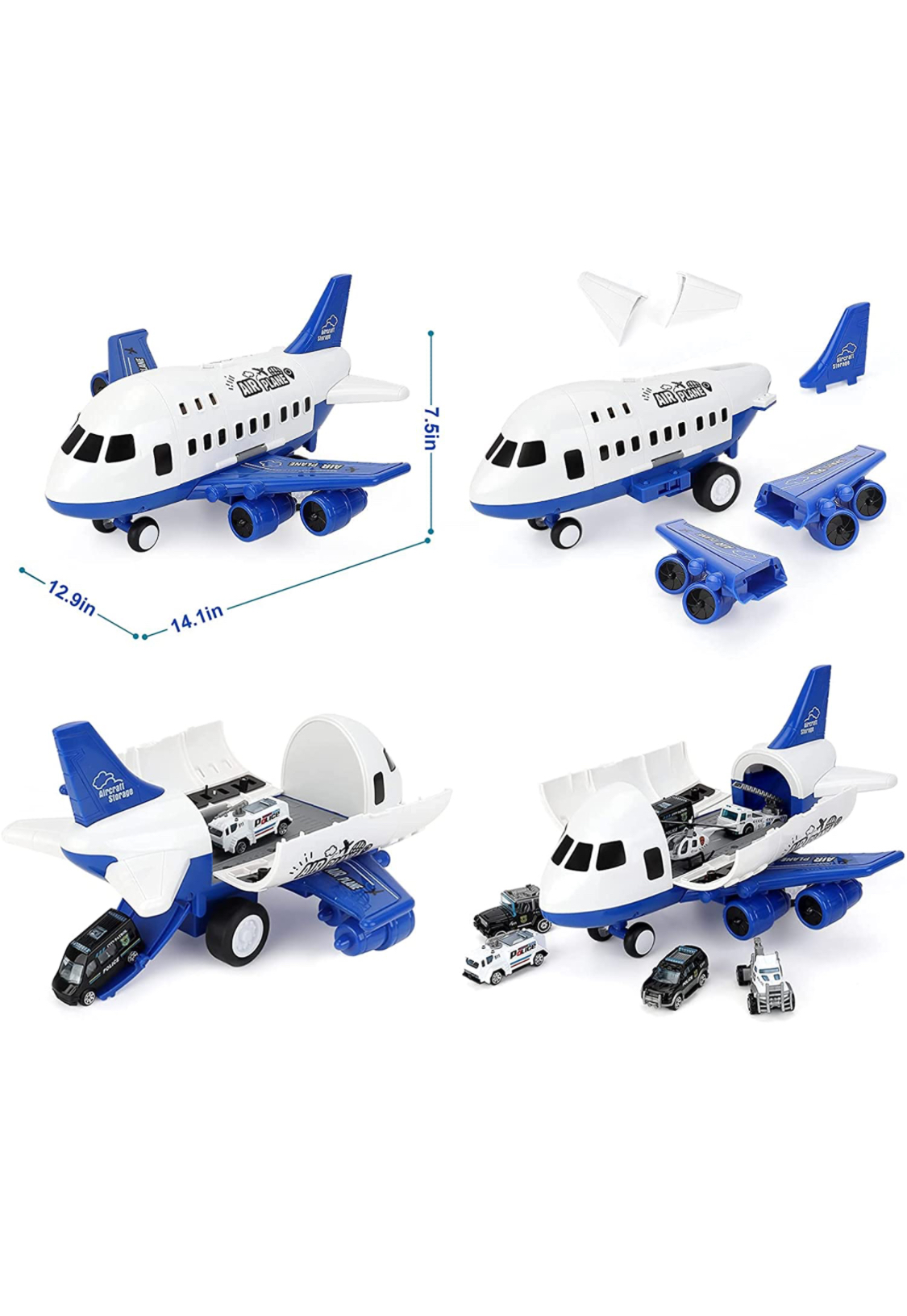 Photo 4 of Airplane Toy Large Transport Cargo Airplane Toy with Learning Play Mat 8 Sets Die cast Police Mini Cars Helicopter for Kids Toddlers for Above 3 Years Old Child