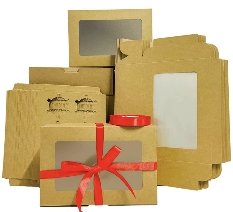 Photo 1 of 24 Pack Kraft Cupcake Boxes 6 Count with inserts and Window 95 X 65 X 3 Bakery Boxes with Satin Ribbon Included for Muffins or Pastries by Kmatee