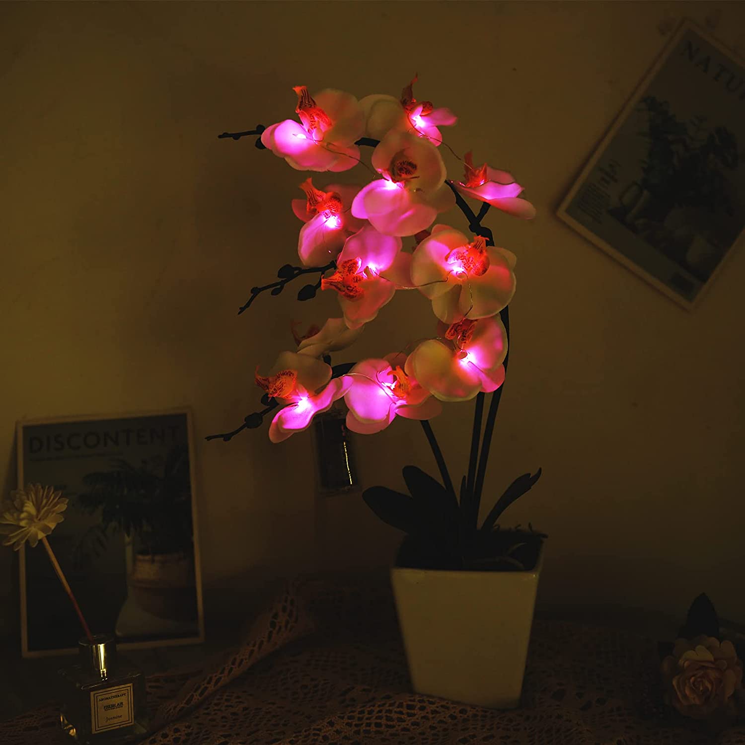 Photo 1 of 17 Orchid Artificial Flowers in Ceramic Pot with 9 LED Lights for Home OfficeFake Silk Phalaenopsis Plants Arrangements Potted for Bathroom Living Room Indoor Decorations