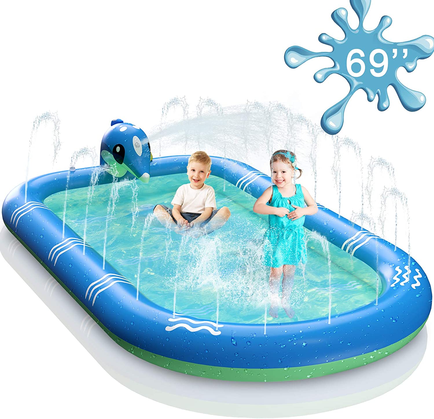 Photo 1 of 69 Inch Inflatable Sprinkler Pool for Kids 3 in 1 Upgraded Inflatable Dolphin Splash Pad Outdoor Water Play Mat Toys for Toddler Baby Kids