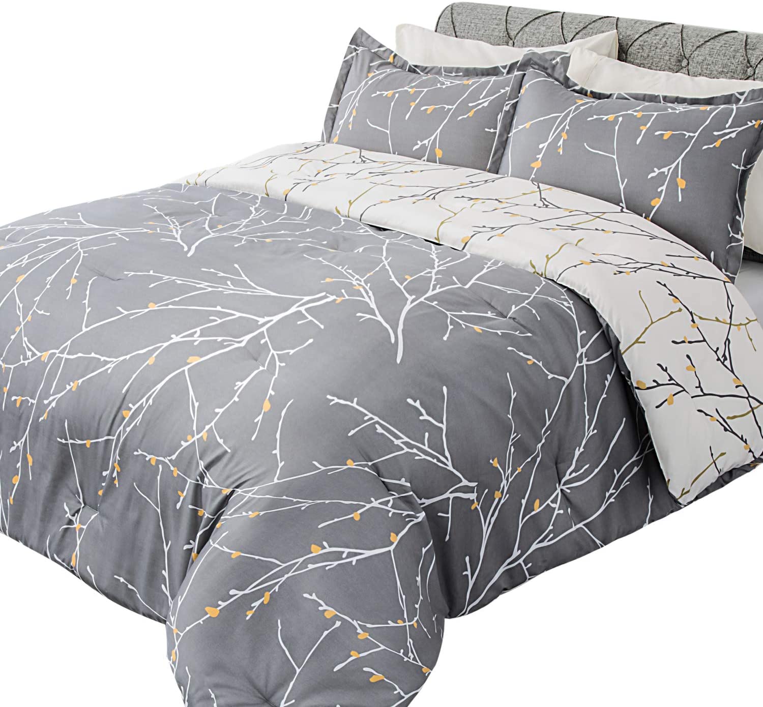 Photo 1 of Bedsure Comforter Set King Size Reversible Down Alternative Comforter Microfiber Duvet Sets 1 Comforter  2 Pillow Shams Tree Branch Floral Grey  Ivory