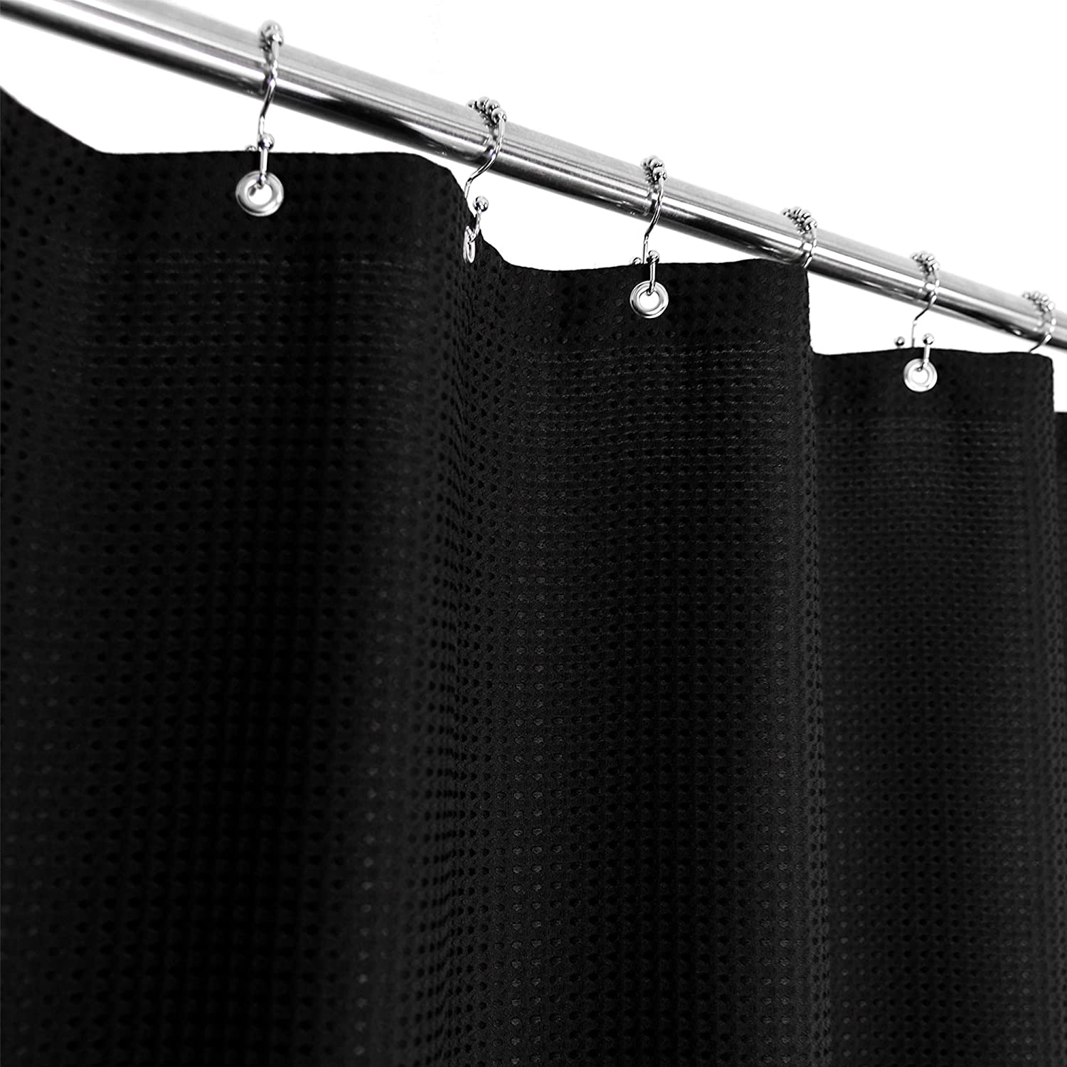 Photo 1 of Stall Shower Curtain Fabric 36 x 72 Inch Waffle Weave Hotel Luxury Spa 230 GSM Heavy Duty Water Repellent Black Pique Pattern Decorative Bathroom Curtain