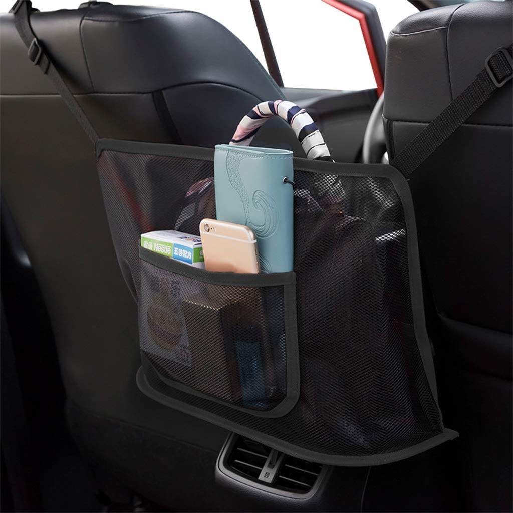 Photo 1 of Car Net Pocket Handbag Holder Seat Back Organizer Mesh Large Capacity Bag for Purse Storage Phone Documents PocketBarrier of Backseat Pet KidsCargo Tissue Holder Advanced Black