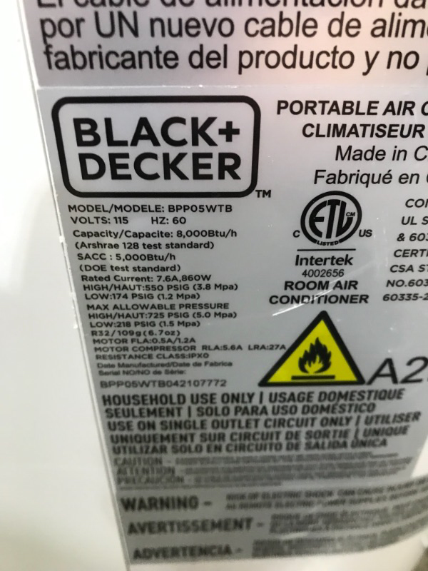 Photo 3 of BLACKDECKER BPP05WTB Portable Air Conditioner with Remote Control 5000 BTU SACCCEC 8000 BTU ASHRAE White