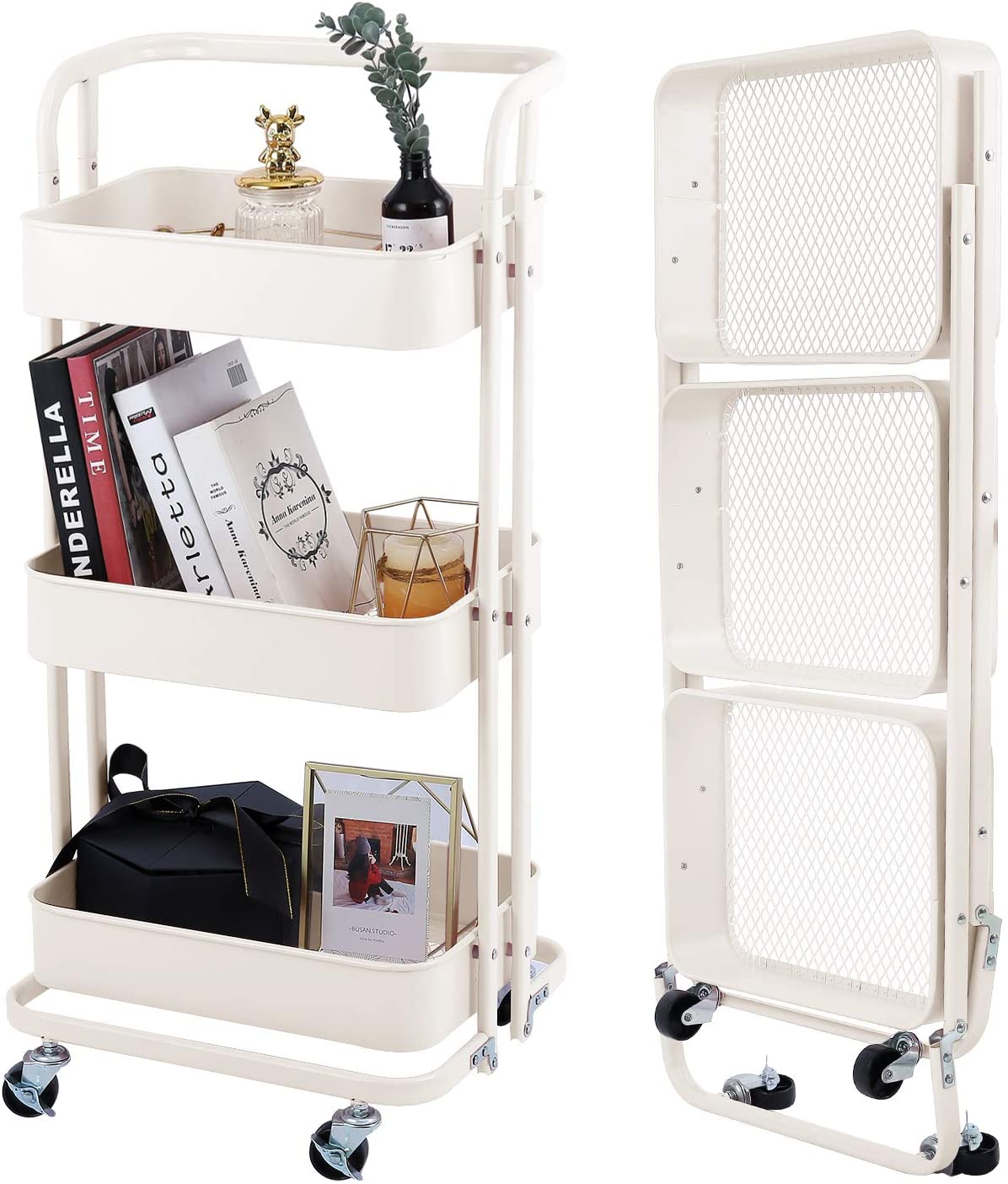 Photo 1 of 3Tier Foldable Utility Rolling Cart Multifunction Storage Shelves with Handle and Wheels for Office Kitchen Bathroom OrganizationCream White