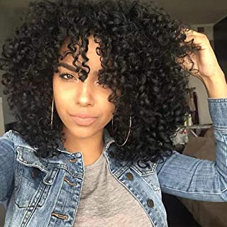 Photo 1 of Short Curly Wigs for Black Women  Natural Black Synthetic African American Full Kinky Curly Afro Hair Wig with Bangs