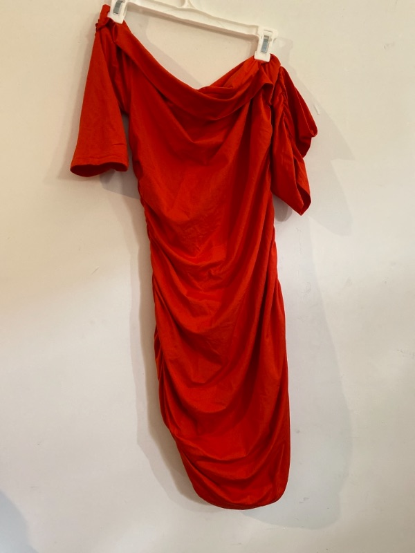 Photo 1 of ASYMMETRIC NECK LINE SIDE ROUCHE DRESS RED 
SIZE L