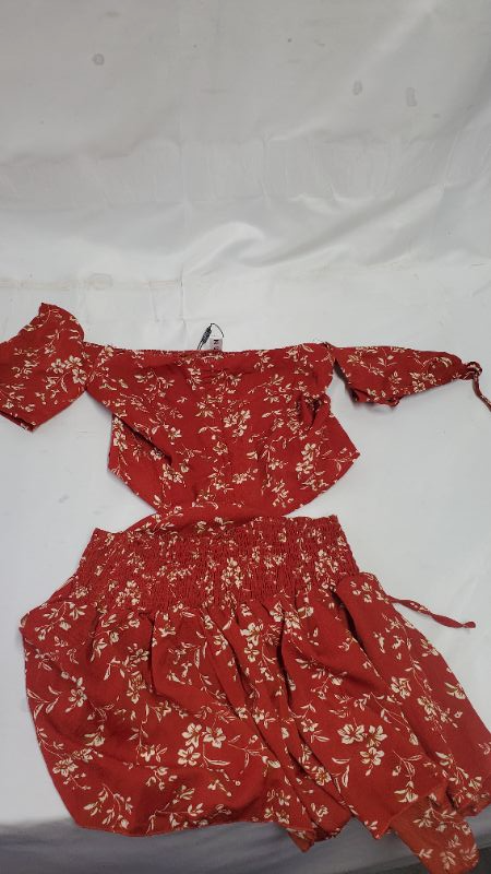Photo 1 of ZAFUL Womens Two Piece Off Shoulder Floral Smocked Crop Top and Shorts Set MEDIUM