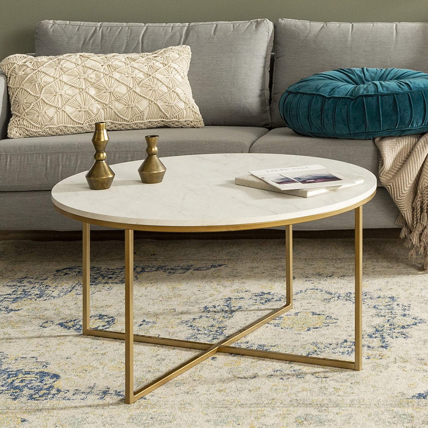 Photo 1 of Walker Edison Cora Modern Round Faux Marble Top Coffee Table with X Base 36 Inch White Faux Marble and Gold