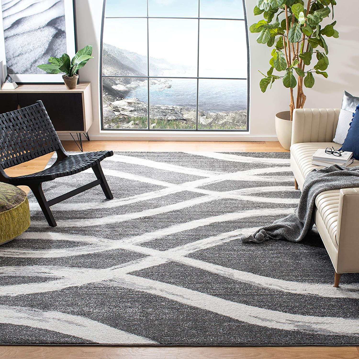 Photo 1 of Safavieh Adirondack Collection ADR125R Modern Wave Distressed NonShedding Stain Resistant Living Room Bedroom Area Rug 8 x 10 Charcoal  Ivory