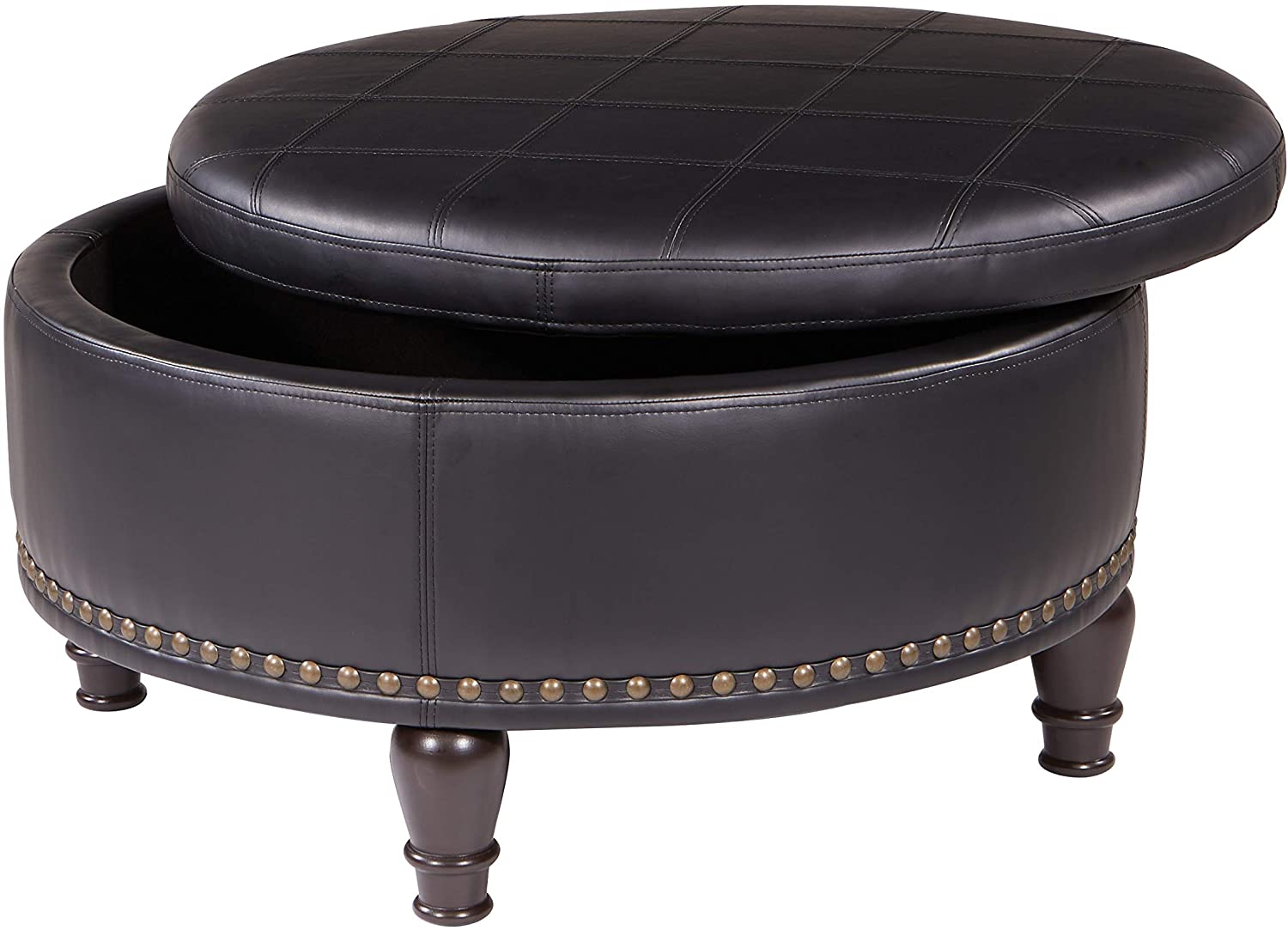 Photo 1 of OSP Home Furnishings Augusta Round Storage Ottoman with Decorative Nailheads and Flip Over Lid with Serving Tray Surface Black Faux Leather