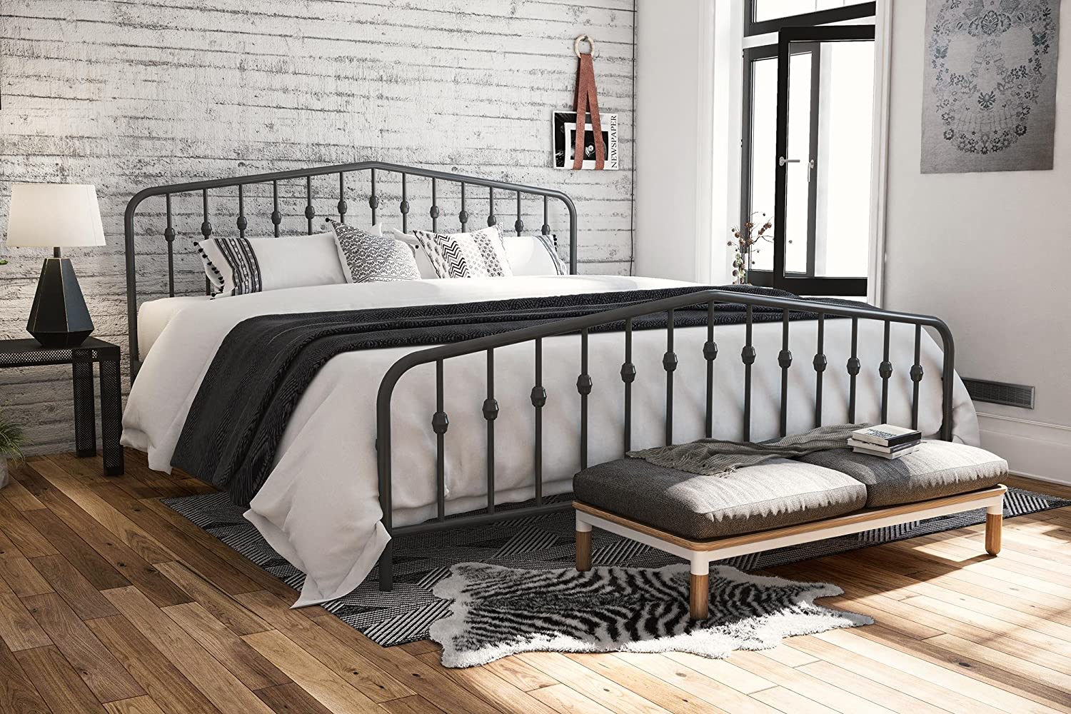 Photo 1 of Novogratz Bushwick Metal Bed with Headboard and Footboard  Modern Design  King Size  Grey