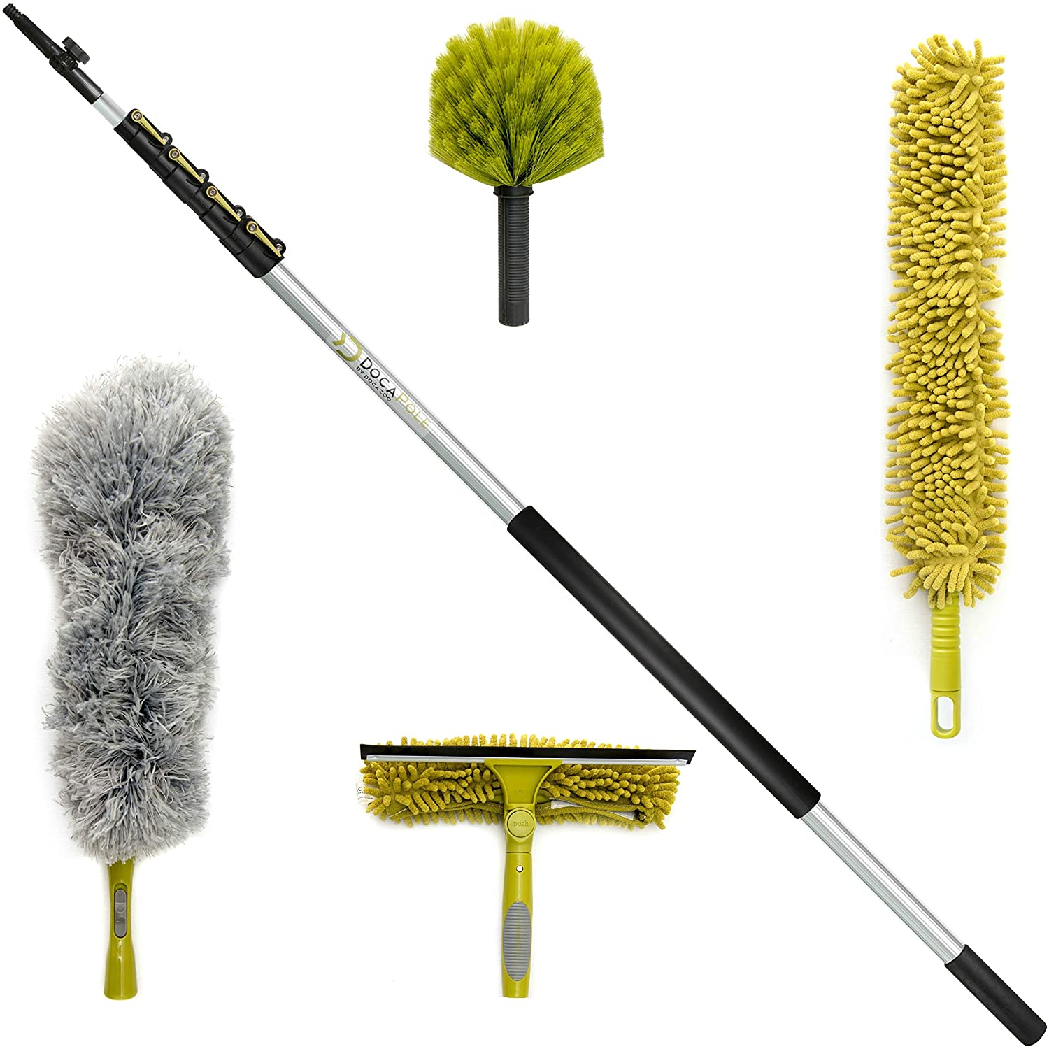 Photo 1 of DocaPole Cleaning Kit with 24 Foot Extension Pole  Includes 3 Dusting Attachments  1 Window Squeegee  Washer  Cobweb Duster  Microfiber Feather Duster  Ceiling Fan Duster  Cleaner