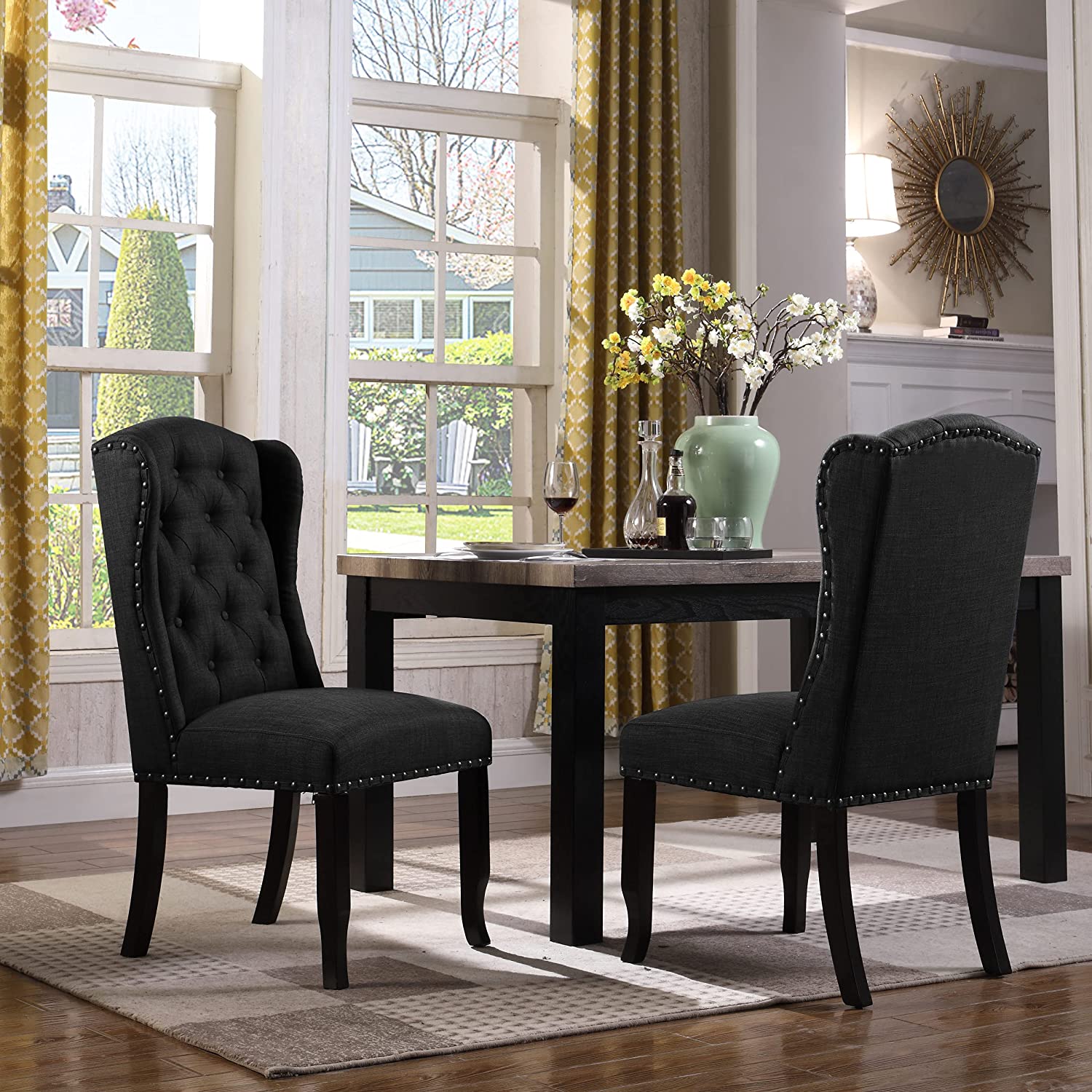 Photo 1 of Chic Home Shira Dining Side Accent Wingback Chair Button Tufted Faux Linen Upholstered Goldtone Nailhead Trim Tapered Espresso Wood Legs Modern Transitional Set of 2 Black