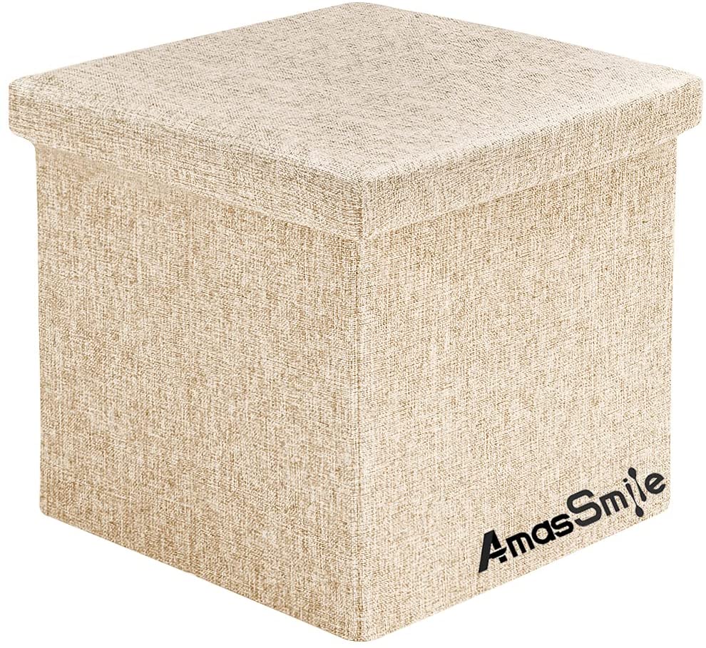 Photo 1 of AmasSmile Storage Ottoman Cube 15 inch Fabric Footstool Cube Boxes Linen Small Coffee Table Folding Storage Foot Rest for Chair Padded with Memory Foam Support 330 lbs Beige