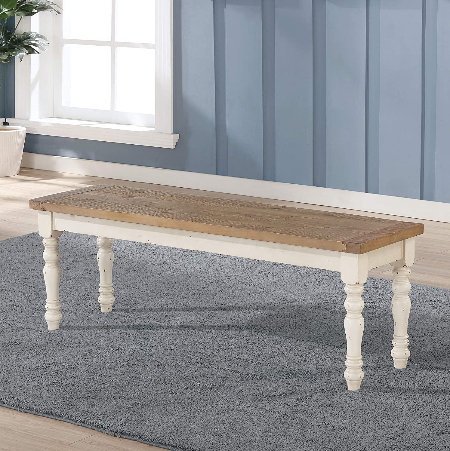 Photo 1 of Roundhill Furniture Prato TwoTone Wood Upholstered Dining Bench Antique White and Distressed Oak