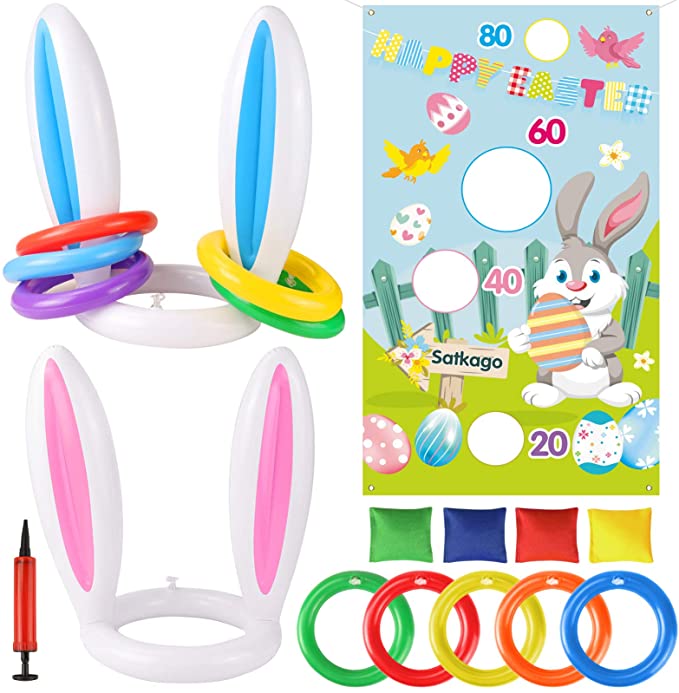 Photo 1 of Satkago Easter Bunny Ears Toss Game Easter Basket Stuffers 2pcs Inflatable Bunny Ears with Easter Banner and 10pcs Rings 4pcs Sandbag Easter Gifts for Kids Family Decorations Easter Party Supplies