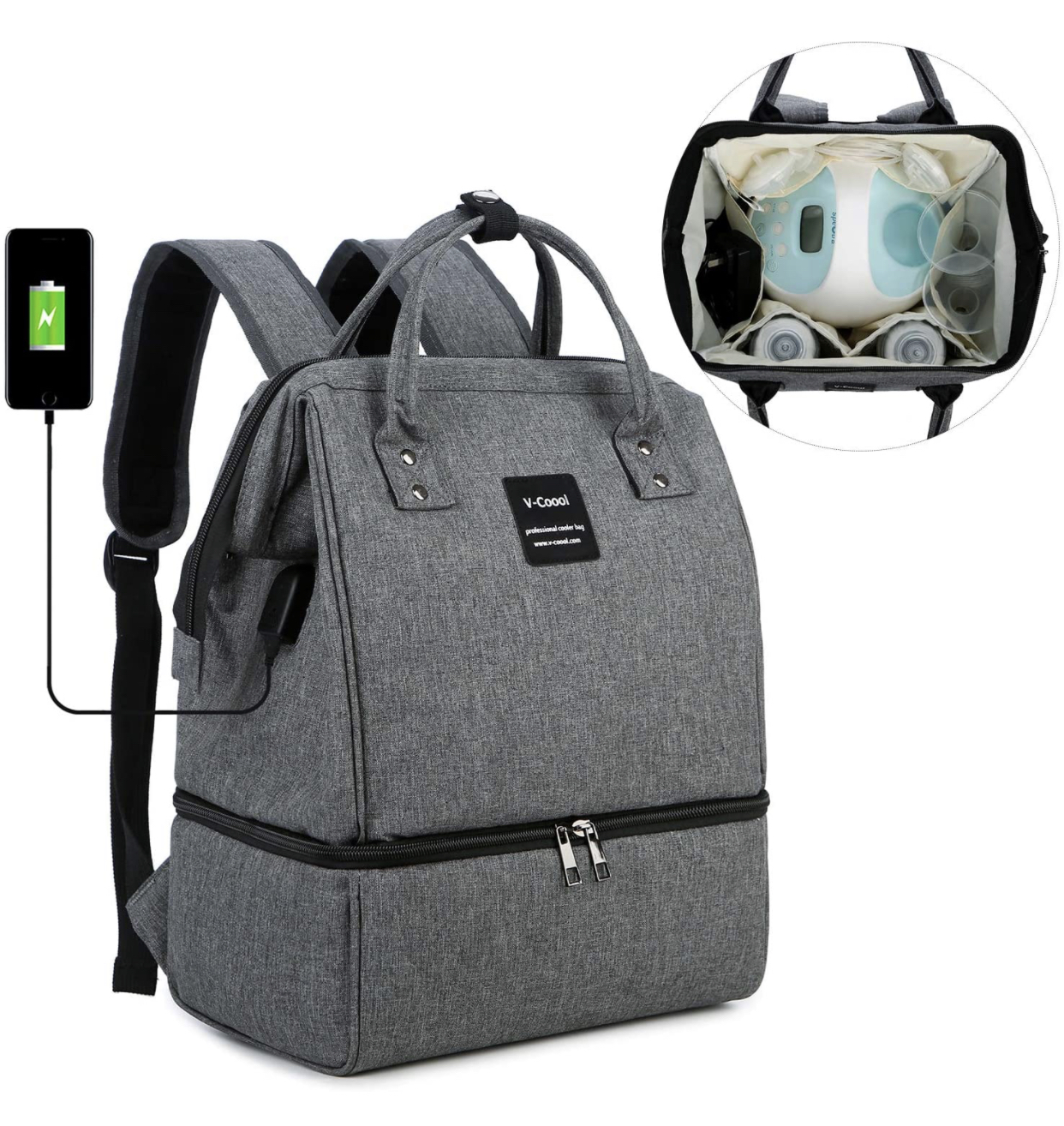 Photo 1 of VCOOOL Breast Pump Bag Spectra S2 S1 Doublelayer FreshKeeping Bag Double Layer for Mother Outdoor Working Backpack with USB Charging PortDeep Gray