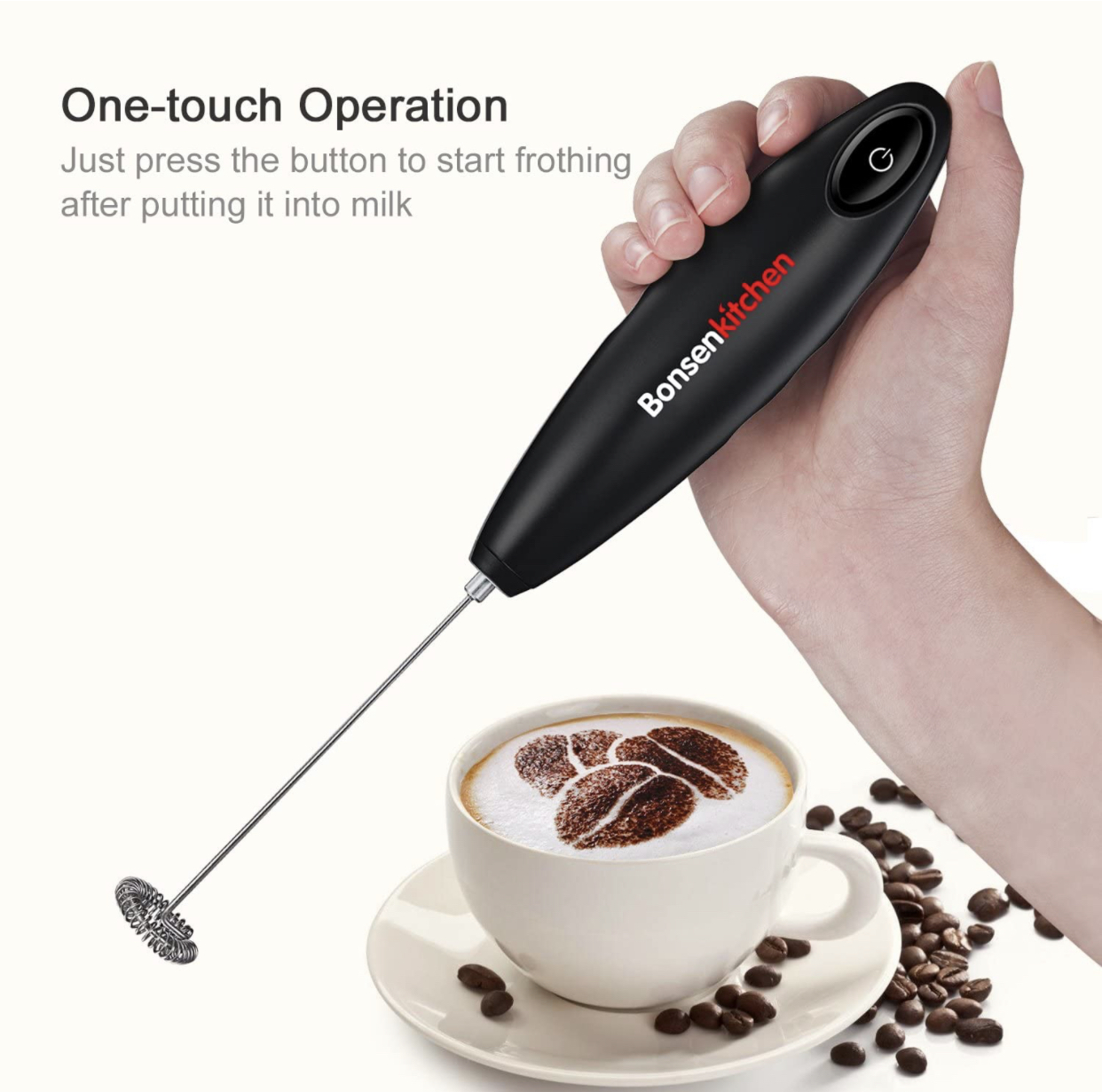 Photo 2 of Bonsenkitchen Handheld Milk Frother Electric Hand Foamer Blender for Drink Mixer Perfect for Bulletproof coffee Matcha Hot Chocolate Mini Battery Operated Milk Whisk Frother