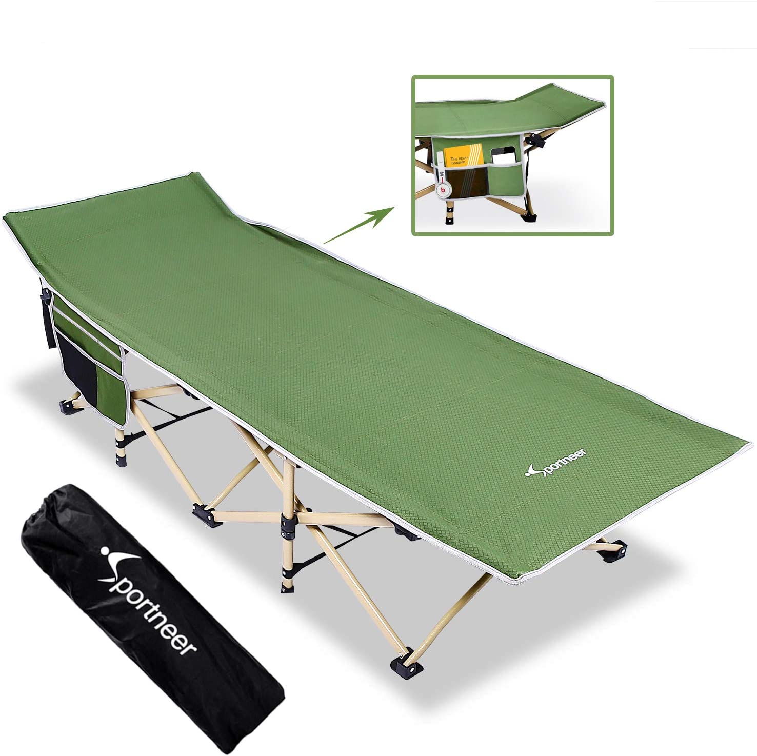 Photo 1 of Sportneer Camping Cot Max Load 450 LBS 2 Side Large Pockets Portable Folding Camp Cots Wide Sleeping Cot Bed with Carry Bag for Adults Teen Camping Beach BBQ Hiking Backpack Office Green