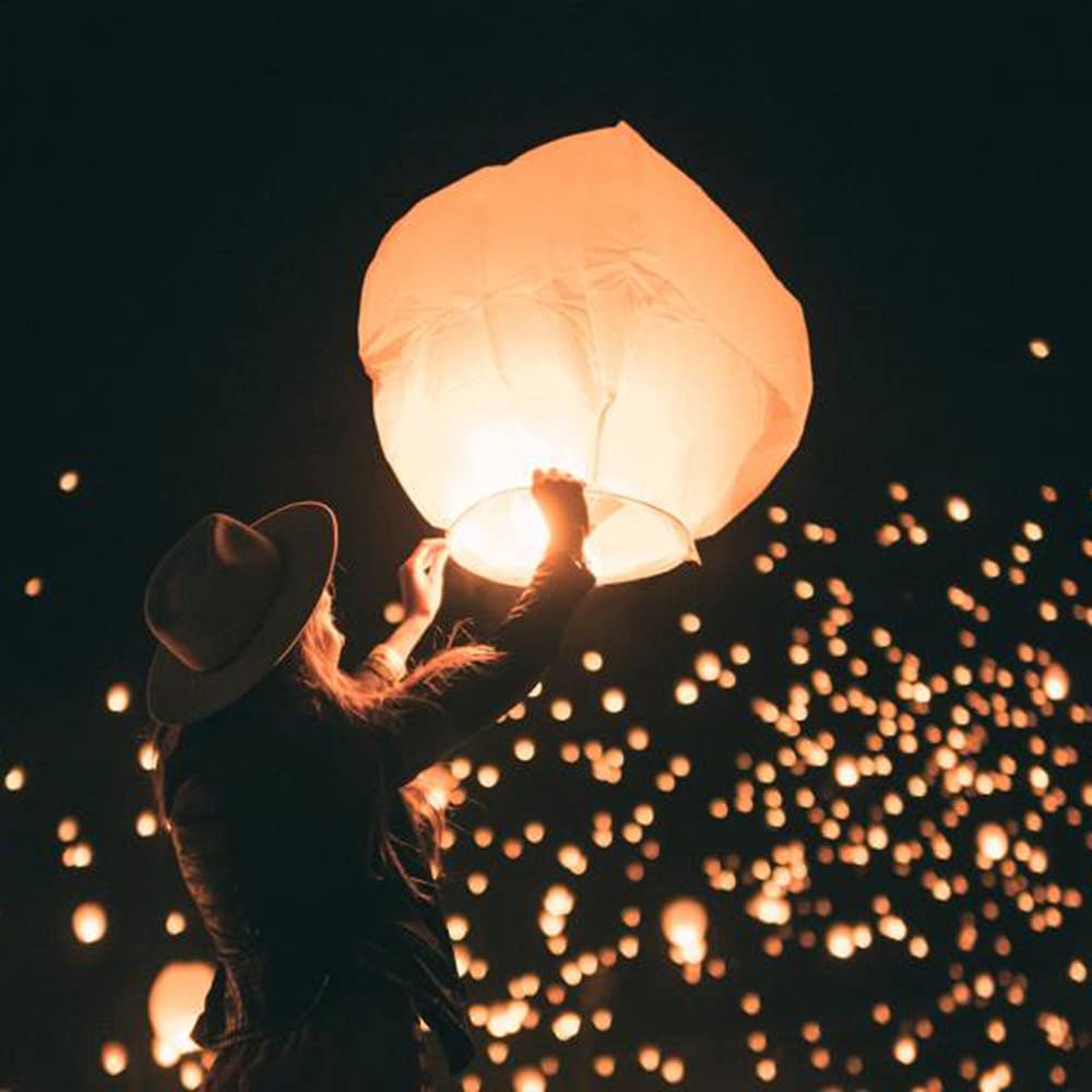 Photo 1 of 40 Chinese Lanterns Sky Lanterns for Wish Flying Lanterns Lamps in Flame Retardant Papers 100 Biodegradable Suitable for Birthday Wedding New Year Party Anniversary with Marker pens