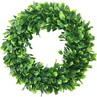 Photo 1 of ElaDeco Faux Boxwood Wreath 15 Artificial Green Leaves Wreath for Front Door Hanging Wall Window Wedding Party Decoration