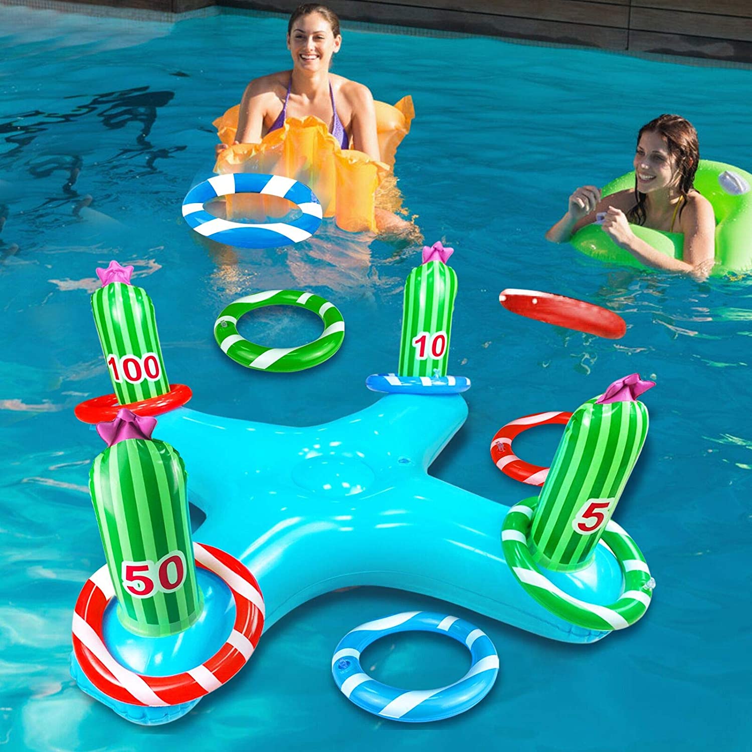 Photo 1 of 5 Set Large Cactus Inflatable Pool Games Toys Pool Ring Toss 4 Scoreboard Floating Swimming Pool Rings Water Pool Toy Game for Kids Family Adults Summer Beach Outdoor Luau Party Favor