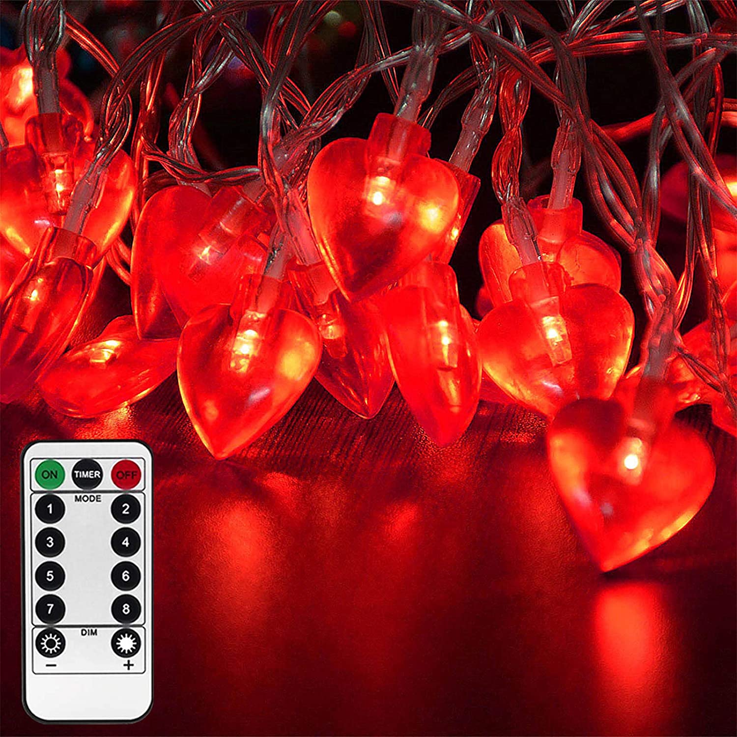 Photo 1 of 50 LED Valentine Heart Shape String Lights with Remote Battery Operated Heart String Lights Red Heart Fairy Lights for Valentines Day Decorations Wedding Party Anniversary Mother Day