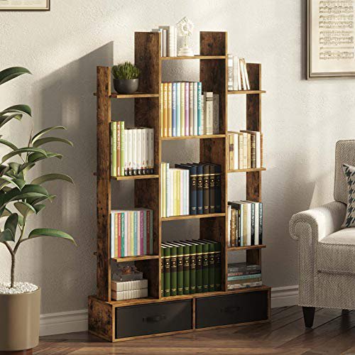 Photo 1 of Rolanstar Bookshelf with 2Drawers Rustic Wood Bookshelves Free Standing Book Shelf Industrial Shelf Free Standing Storage Shelf for Bedroom