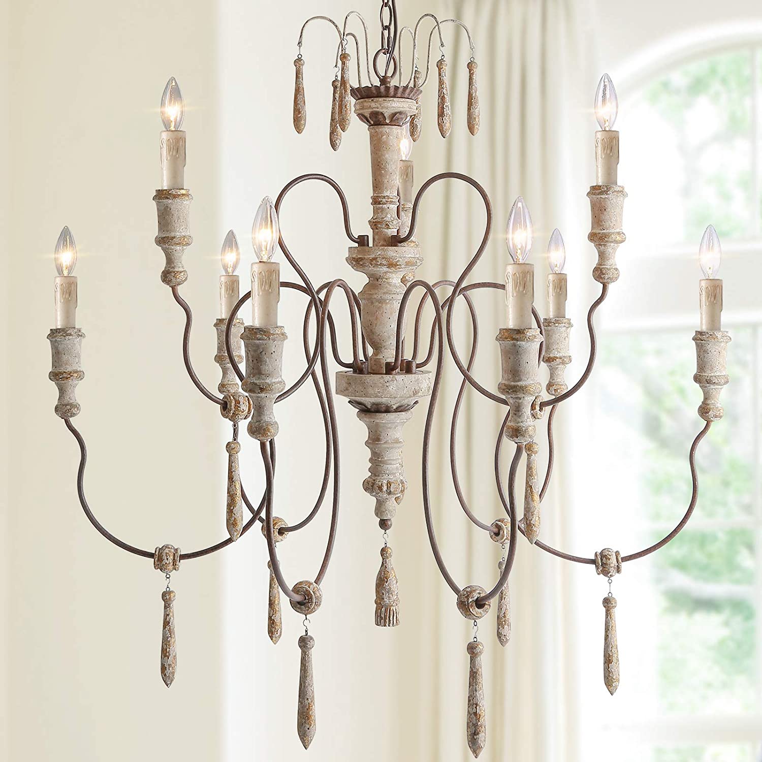 Photo 1 of LALUZ Farmhouse Wood Chandeliers for Dining Rooms 9Light Distressed French Country Lighting D39H38