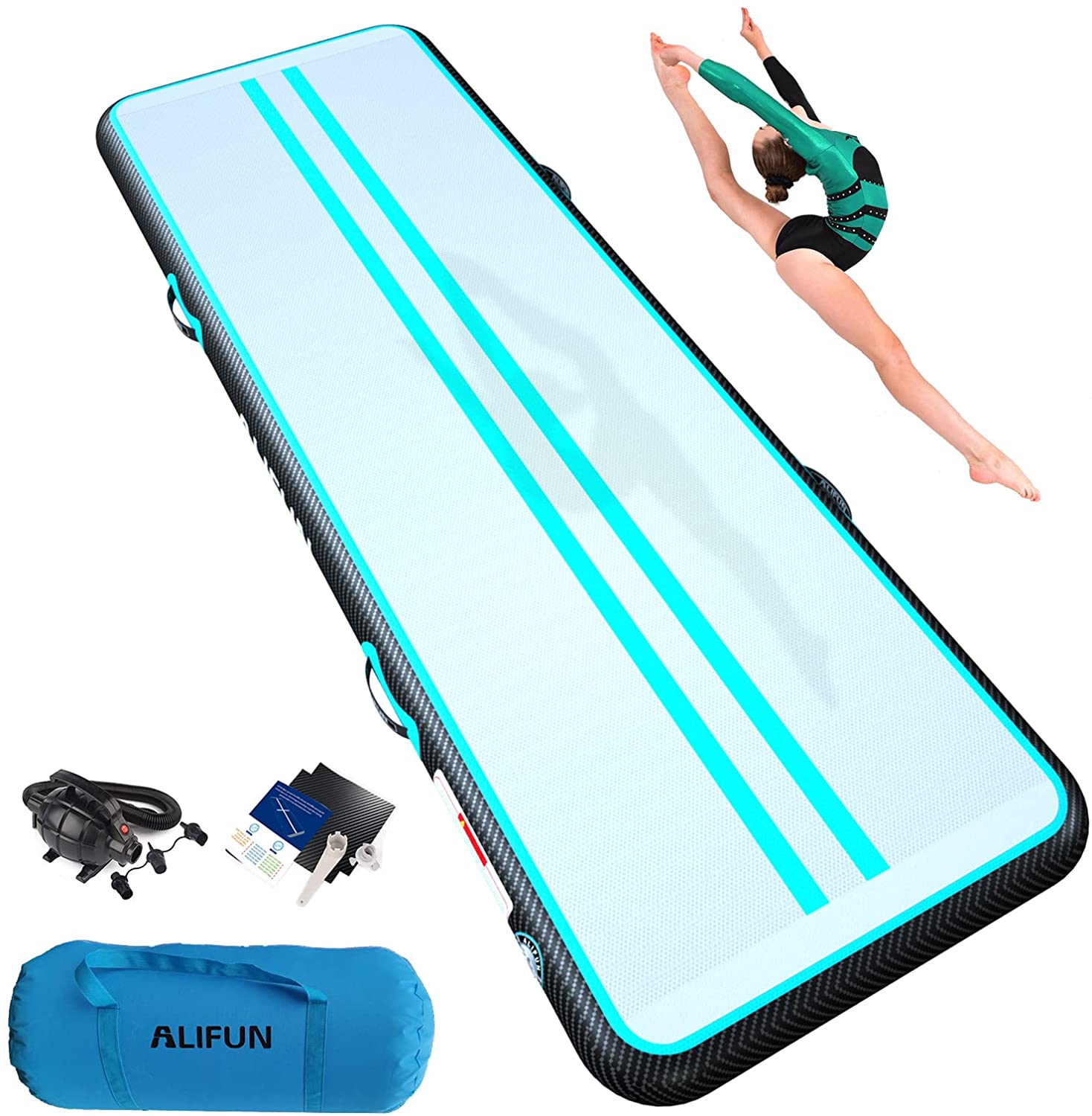 Photo 1 of ALIFUN Tumbling Exercise Mat 10ft 13ft 16ft 20ft 23ft 26ft Thick 48 Inches Air Gymnastics Training Mat with Electric Air Pump