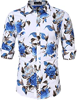 Photo 1 of Yong Horse Mens Floral Printed Beach Hawaiian Casual ButtonDown Dress Shirts Blue XXL