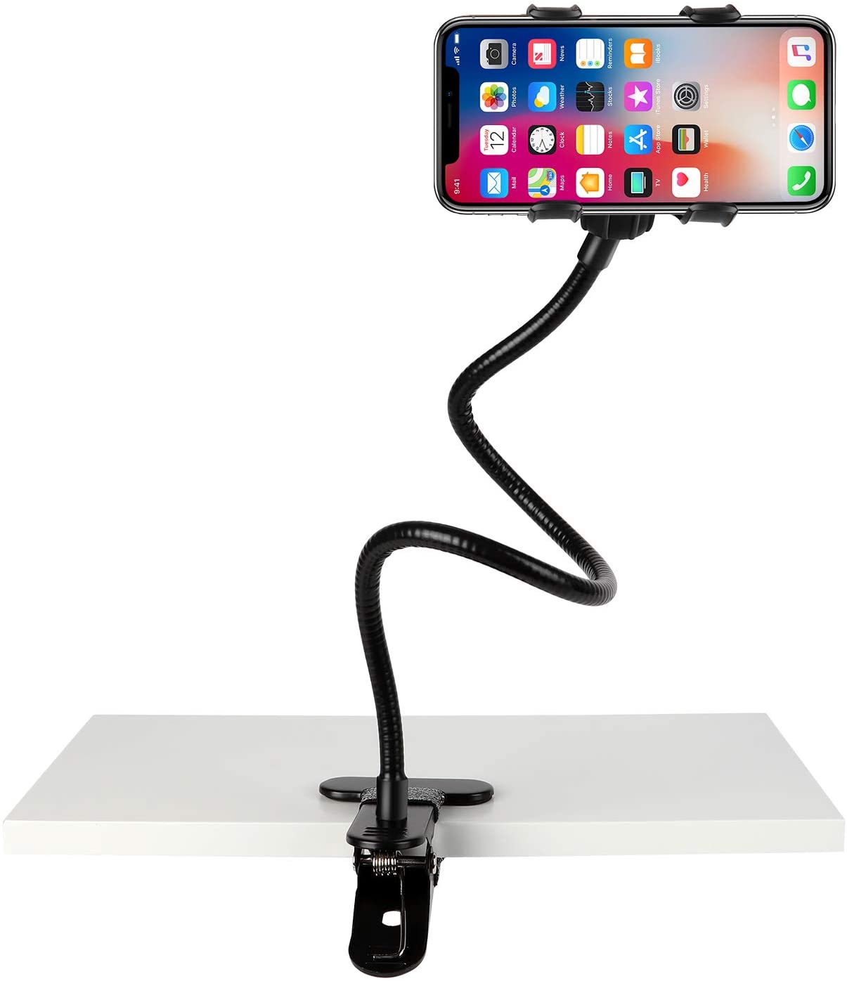 Photo 1 of Slopehill Gooseneck Phone Holder for iPhone X XR XS 8 7 Plus Samsung Galaxy S10 Cell Phone Clip Holder for Bedroom Desktop Office Bathroom Kitchen Rotate Freely Lazy Bracket Holder Black