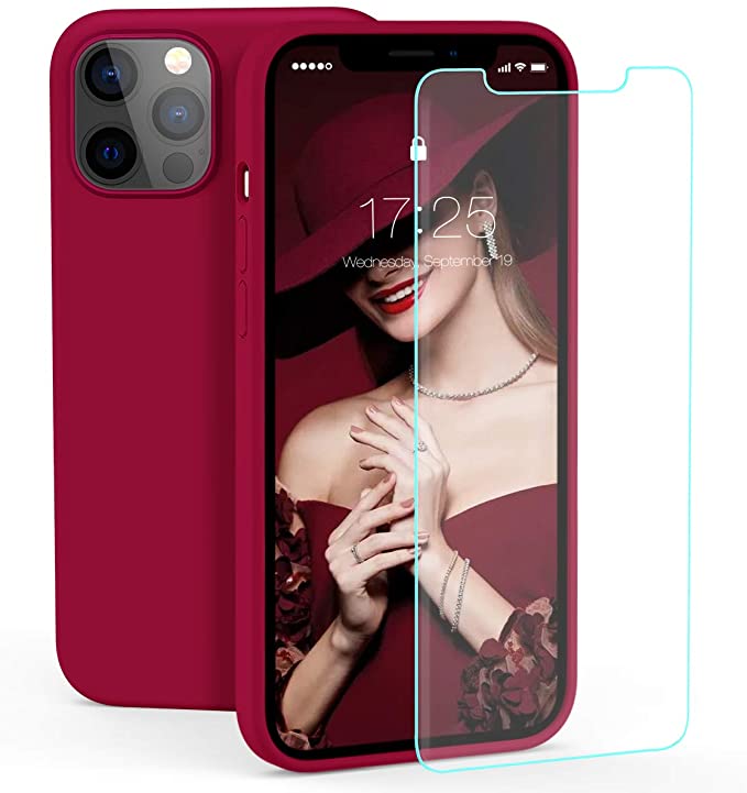 Photo 1 of zelaxy Case Compatible with iPhone 12 Pro MaxLiquid Silicone Rubber Gel Case with Screen Protector for iPhone 12 Pro Max 67 inchWine Red