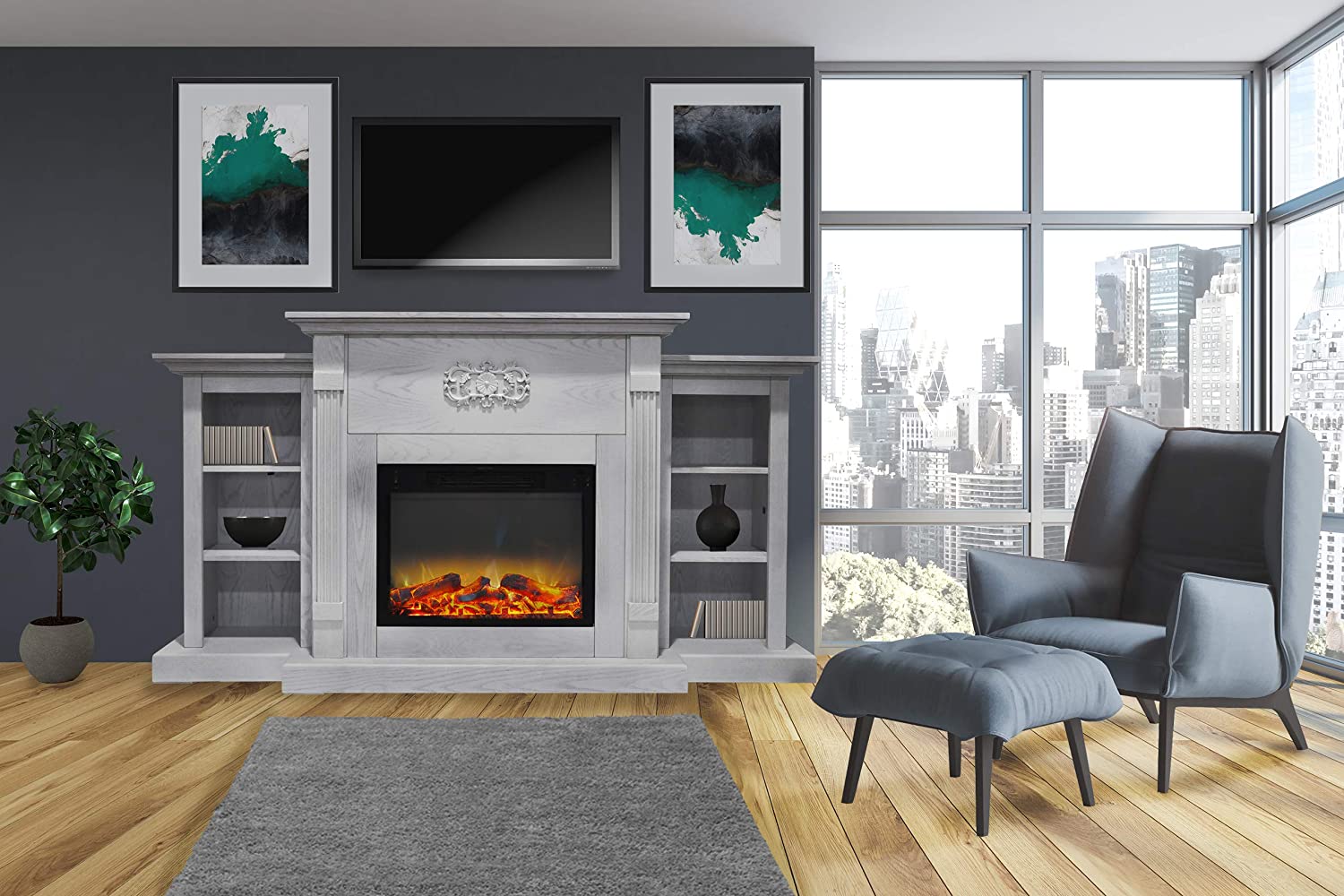 Photo 1 of Cambridge CAM72331WHTLG2 Sanoma 72 In Electric Fireplace in White with Builtin Bookshelves and an Enhanced Log Display INCOMPLETE