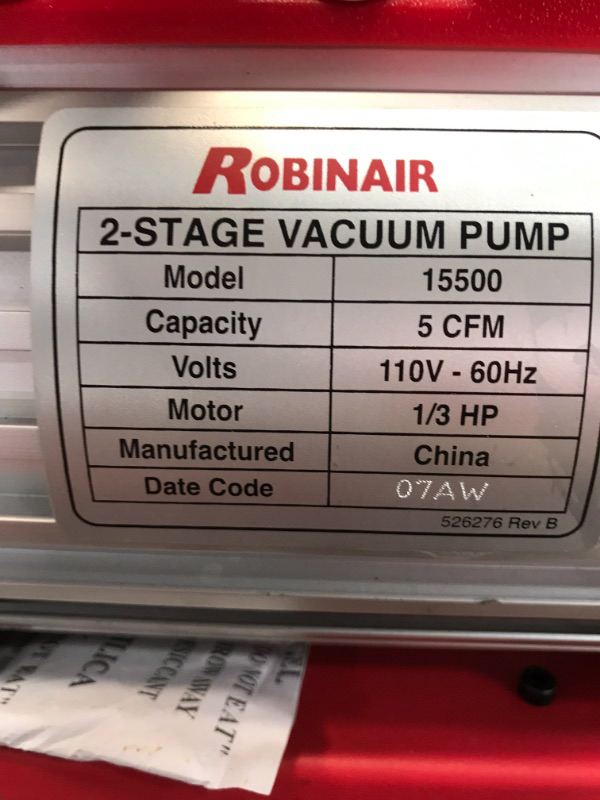 Photo 3 of Robinair 15500 VacuMaster Economy Vacuum Pump  2Stage 5 CFM  Red
BUY AS IS