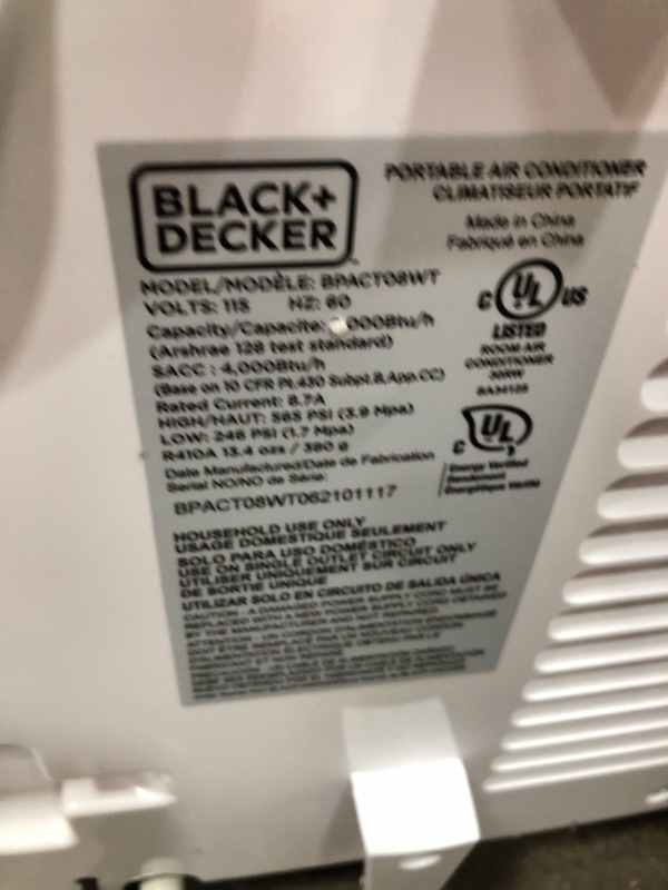 Photo 1 of Black Decker BPACT08WT Portable Air Conditioner 8000 BTU White