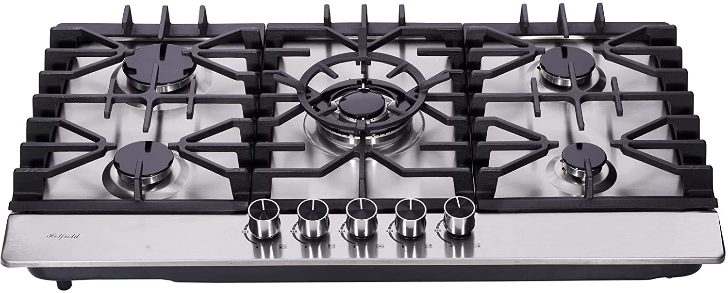 Photo 1 of Hotfield 34 Inch Gas Cooktop Stainless Steel 5 Burners Stove top Dual Fuel Gas Hob NGLPG Convertible Gas Cooktop HF528809 Stainless Steel