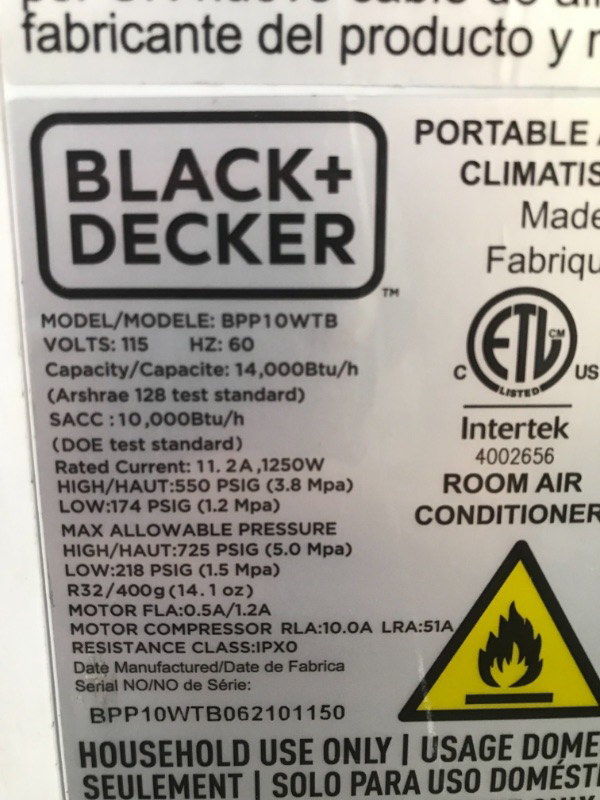 Photo 4 of BLACKDECKER BPP10WTB Portable Air Conditioner with Remote Control 10000 BTU SACCCEC 14000 BTU ASHRAE Cools Up to 450 Square Feet White